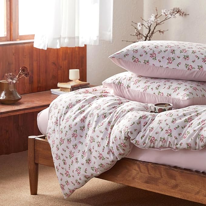 Wake In Cloud - Coquette Duvet Cover Set, Floral Cottagecore Flower Shabby Chic Cute Aesthetic, Soft Lightweight Bedding for Women Teen Girls, 3-Piece, Pink, Full Size