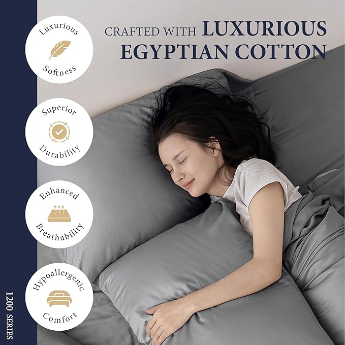 Ashton Sheets 100% Egyptian Cotton Sheets California King Size - 1200 Thread Count Cal King Sheet Set Egyptian Cotton, 4 PC Luxury Bedsheet (Dark Grey), Soft, Cooling, 17" Deep Pocket Bedsheet Set