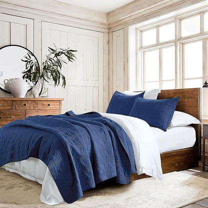 HORIMOTE HOME 100% Cotton Quilt Set Twin Size, Navy Blue Pre-Washed 2-Piece Bedspread Coverlet Set, Cozy Lightweight Stitching Bedding Cover with 1 Sham in Geometric Pattern for All Season