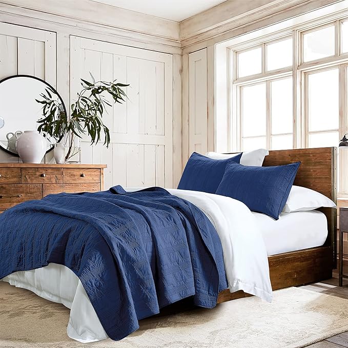 HORIMOTE HOME 100% Cotton Quilt Set King Size, Navy Blue Pre-Washed 3-Piece Bedspread Coverlet Set, Cozy Lightweight Stitching Bedding Cover with 2 Shams in Geometric Pattern for All Season