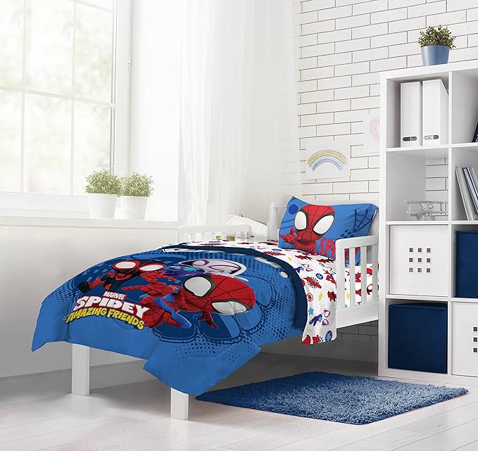 Jay Franco Marvel Spidey and His Amazing Friends Team Spidey 4 Piece Toddler Size Bed Set – Super Soft Microfiber - Includes Comforter & Sheet Set Bedding (Official Marvel Product)