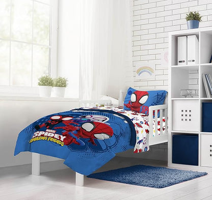Jay Franco Marvel Spidey and His Amazing Friends Team Spidey 4 Piece Toddler Size Bed Set – Super Soft Microfiber - Includes Comforter & Sheet Set Bedding (Official Marvel Product)