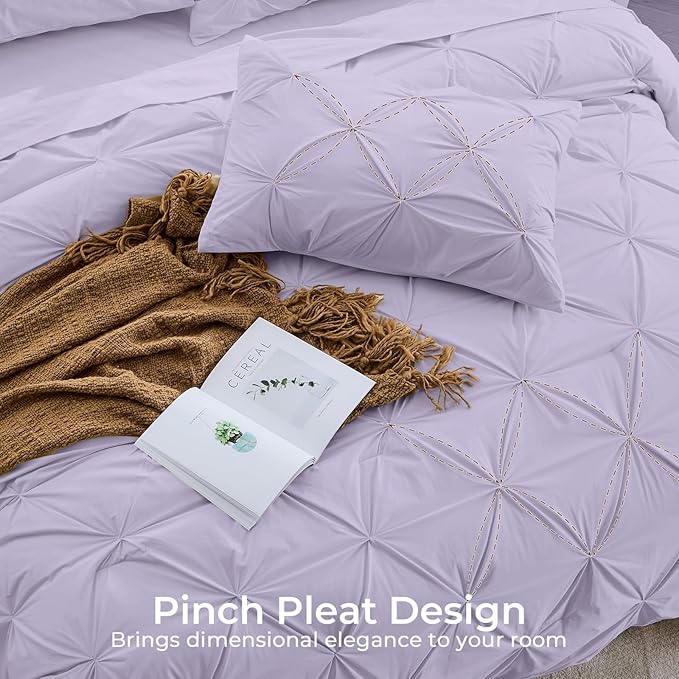 Sasttie Twin XL Comforter Set, 5-Piece Bed in a Bag, Pintuck Bedding Sets for All Season, Includes Comforter, Flat Sheet, Fitted Sheet, Pillowcase and Pillowsham, Lavender