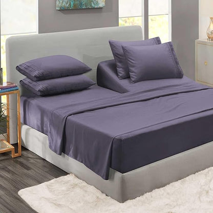 Clara Clark Flex Top King Sheets - Hotel Luxury 6 Piece Bed Sheets for Top Split King Bed - Soft Bedding Sheets & Pillowcases, Head Split King Size. Grayish Purple