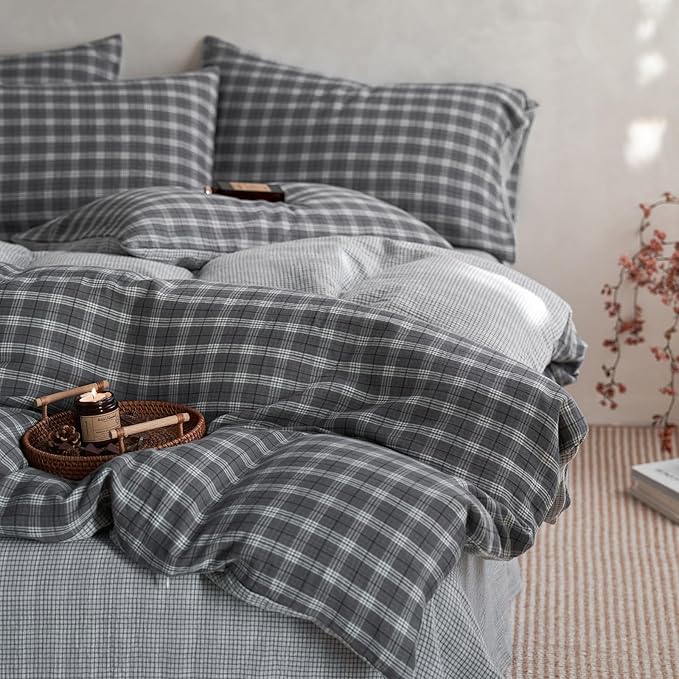 EAVD Vintage Style Grey Plaid Gingham Duvet Cover Twin Soft 100% Cotton Muslin Grey Grid Checkered Bedding Set with 2 Pillowcases Reversible Plaid Duvet Cover with Zipper Closure