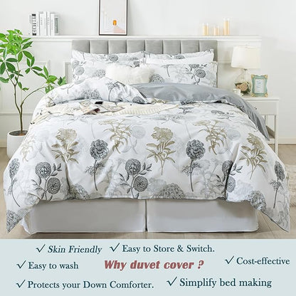 FADFAY Floral Duvet Cover Sets King/Cal King 100% Cotton Ink Grey Vintage Flower Patterned Hydrangea Comforter Cover Farmhouse Bedding for All Season Soft Crisp Luxury Bed Cover with Zipper 3 Pieces