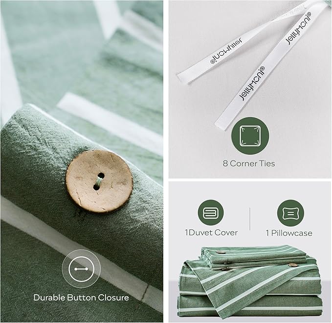 JELLYMONI Cotton Duvet Cover Twin XL Size - Green Striped Comforter Cover with Button 100% Washed Cotton 2PCS Breathable Soft Solid Bedding Set Duvet Cover 66×92in & 1 Pillowcase (NO Comforter)