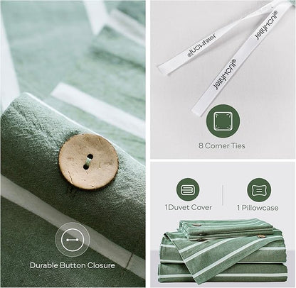 JELLYMONI Cotton Duvet Cover Twin XL Size - Green Striped Comforter Cover with Button 100% Washed Cotton 2PCS Breathable Soft Solid Bedding Set Duvet Cover 66×92in & 1 Pillowcase (NO Comforter)