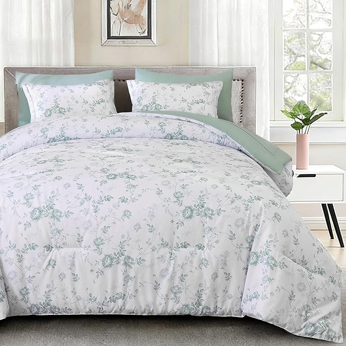 Luxudecor Floral Queen Comforter Set 7 Pieces Bed in a Bag, Green Rose Romantic Flower Bed Set, Soft Reversible Comforter with Sheet Set 90"x90"