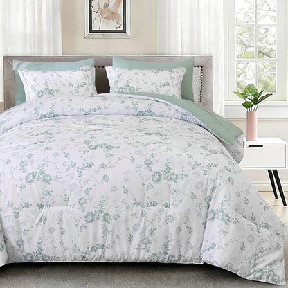 Luxudecor Floral Queen Comforter Set 7 Pieces Bed in a Bag, Green Rose Romantic Flower Bed Set, Soft Reversible Comforter with Sheet Set 90"x90"