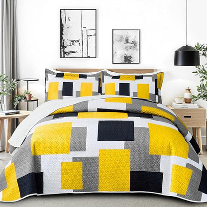 3 Piece Yellow Grey Quilt Set California King Size Yellow Gray White Geometric Reversible Bedding Set Microfiber Lightweight Bedspread Coverlet with 2 Shams Bed Cover for All Season, 118''x106''