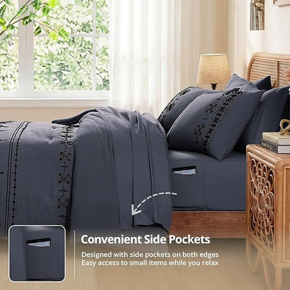 MaiRêve Full Size Comforter Set Crown Blue, Embroidery Floral Western Boho Bedding Set, All Season 7 Pieces Bed in a Bag with Sheets, Pillowcases & Shams