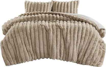 Madison Park Jasmine Queen Comforter Set, Luxurious Reversible Faux Fur Plush Ribbed Velvet Bedding, Fuzzy Thick Warm Winter Comforter, Super Soft Fluffy 3-Piece Set Taupe