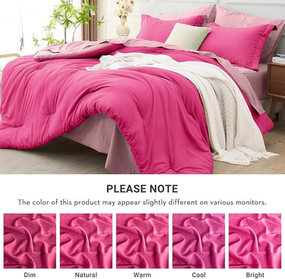 MUXHOMO 7 Pieces Queen Comforter Set, Soft Bed in a Bag Queen Size, All Season Bedding Set with Comforter, Flat Sheet, Fitted Sheet, Pillowcases & Shams, Hot Pink & Baby Pink