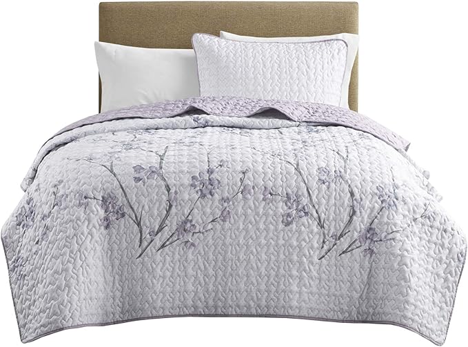 Comfort Spaces Reversible Quilt Set-Vermicelli Stitching Design All Season, Lightweight, Coverlet Bedspread Bedding, Matching Shams, Twin/Twin XL (66 in x 90 in), Kate Floral Purple 2 Piece