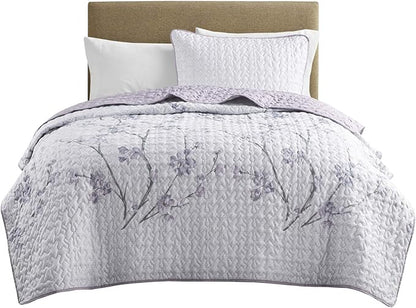 Comfort Spaces Reversible Quilt Set-Vermicelli Stitching Design All Season, Lightweight, Coverlet Bedspread Bedding, Matching Shams, Twin/Twin XL (66 in x 90 in), Kate Floral Purple 2 Piece
