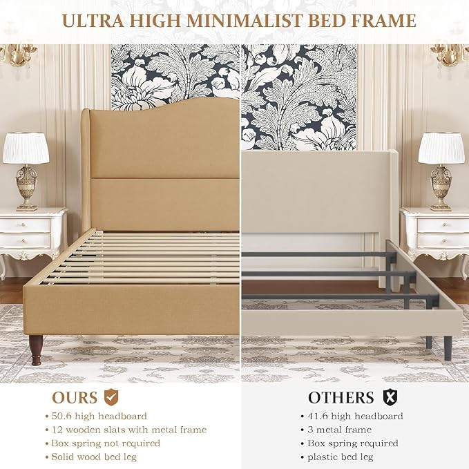 koorlian King Upholstered Bed Frame with 51'' Tall Headboard, Warm Brown | Reinforced Platform Bed, Easy Assembly, Soft Fabric, Sleigh Wingback, Solid Wood Retro Legs, Noise-Free, Classic & Simple