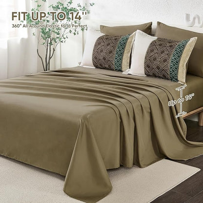 Dinjoy Khaki Brown King Size Comforter Set,Striped Bed in a Bag King Boho 7 Pieces Soft Microfiber Fall Bedding Comforters Sets Bed Lightweight Taupe Complete Set for All Season