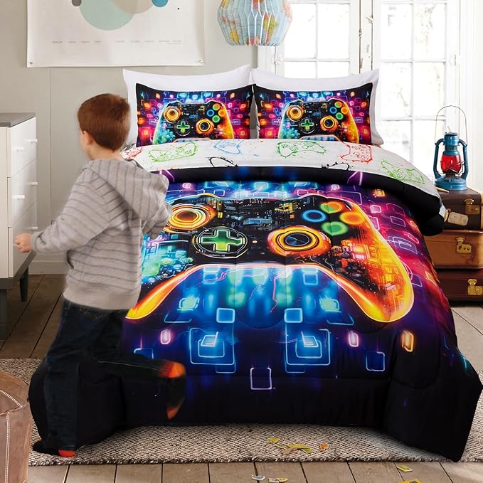 A Nice Night 5PC Game Console Comforter Set for Boys Girls Kids,Space Universe Gaming Like Rhythmic Music Style Lightweight Gamer Bedding,Full