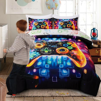 A Nice Night 5PC Game Console Comforter Set for Boys Girls Kids,Space Universe Gaming Like Rhythmic Music Style Lightweight Gamer Bedding,Full