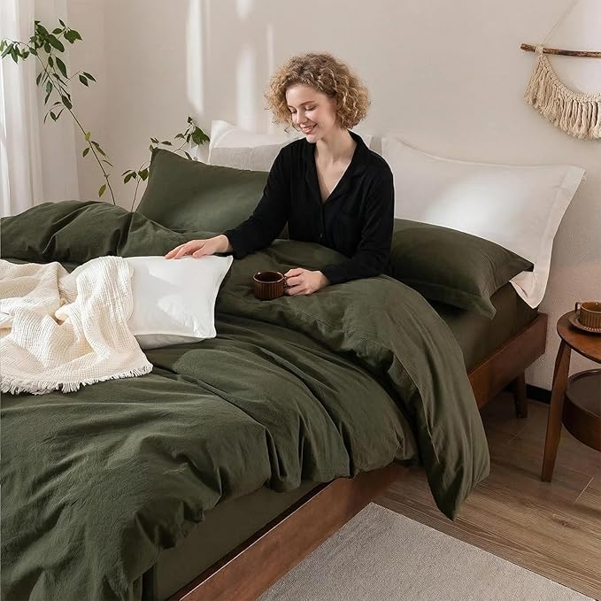 Olive Green Duvet Cover Super Queen Size, 100% Washed Cotton Bedding Set Cover 1 Duvet Cover 98inch x 90inch with Zipper Closure and 2 Pillowcases, Olive Green