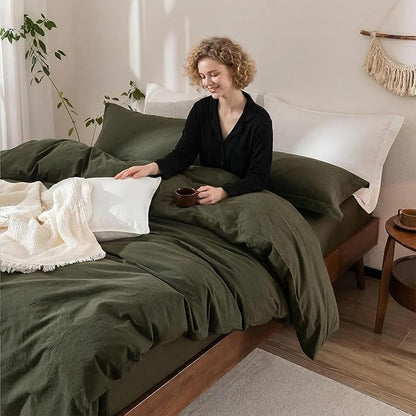 Olive Green Duvet Cover Oversize Queen Size, 100% Washed Cotton Bedding Set Cover 1 Duvet Cover 98inch x 98inch with Zipper Closure and 2 Pillowcases, Olive Green