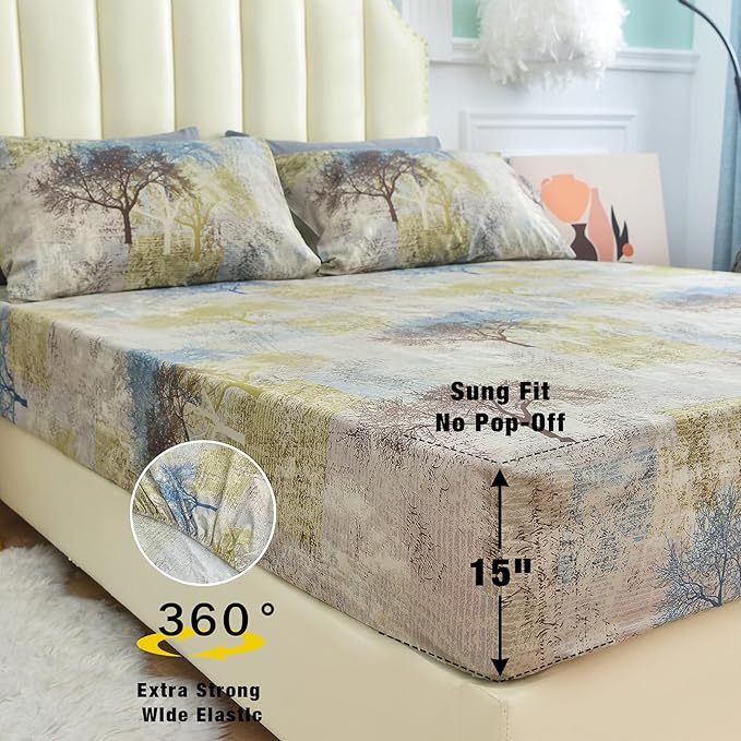 JSD Rustic Print Sheet Set Queen Size, 4 Piece Tree Pattern Soft Microfiber Bed Sheets Extra Deep Pocket