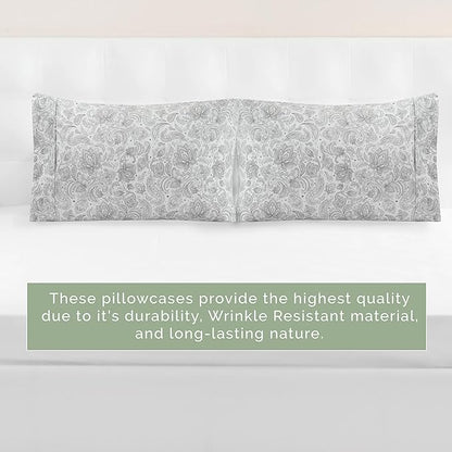 Elegant Comfort Ultra Soft Set of 2 Floral Print Pillowcases - 1500 Premium Hotel Quality Microfiber, Soft and Smooth Envelope Closure 2-Piece Pillow Covers - Standard/Queen, Paisley Gray