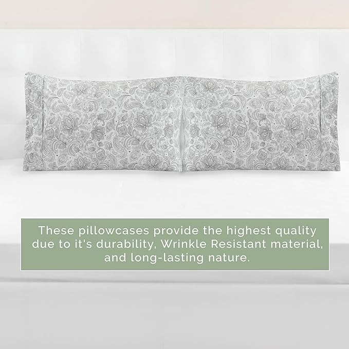 Elegant Comfort Ultra Soft Set of 2 Floral Print Pillowcases - 1500 Premium Hotel Quality Microfiber, Soft and Smooth Envelope Closure 2-Piece Pillow Covers - King, Paisley Gray