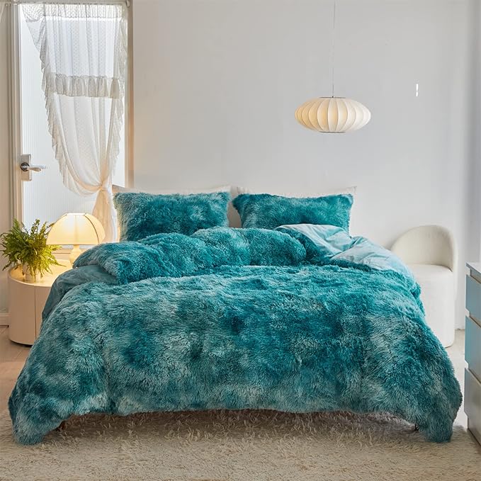 Wajade Faux Fur Plush White Comforter Set Fluffy Fuzzy Shaggy Bedding Set - 3PC Full/Queen Microfiber Soft Warm Quilt Set (Tie Dye Teal, King)