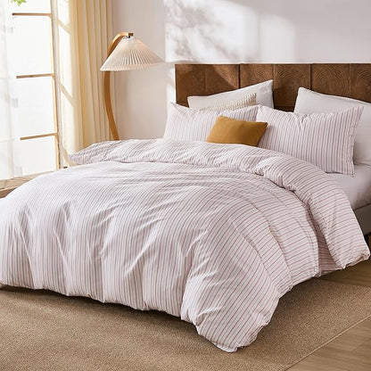 Merryword 100% Cotton Duvet Cover Set King Size - White & Pink Stripes Duvet Cover with Pillowcases, Soft Breathable Bedding Set Modern Minimalist Pinstripe Comforter Cover for All Seasons