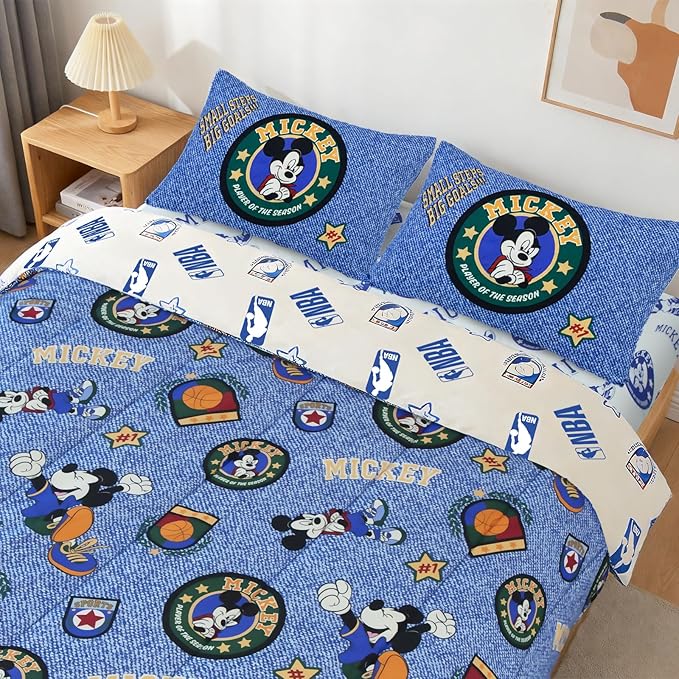 Northwest Disney Mickey Mouse Full Size Comforter Set, 5 Piece Reversible Design Ultra Soft Fade Resistant Microfiber Kids Bedding Set, Officially Licensed
