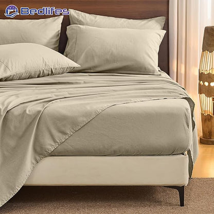 Bedlifes 100% French Pure Linen Sheets California King Size Breathable and Cooling Flax Sheet Set Soft Durable and Moisture Wicking 16 Inch Deep Pocket-4 Piece(Cal King,Taupe)