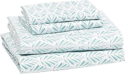 Amazon Basics Lightweight Breathable Brushed Microfiber 4-Piece Bed Sheet Set with 14-Inch Deep Pockets, Wrinkle Resistant, Queen, Aqua Fern, Printed