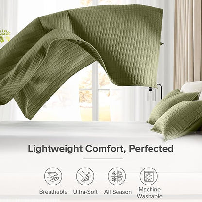 Comfort Spaces King Quilt Set Modern Reversible Plaid Coverlet King Bedding Set Cozy Quilted Winter Layer, All Season Lightweight Soft King Size Quilt, Kienna, Cal King Olive Green 3 Piece