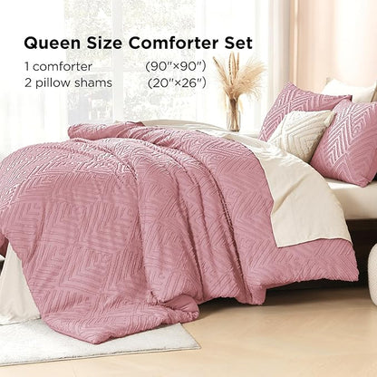Litanika Grayish Pink Queen Comforter Set, 3 Pieces Tufted Boho Farmhouse Bedding Comforter Sets, Lightweight Fluffy Comforter Bed Set for All Season (90x90In Comforter and 2 Pillowcases)