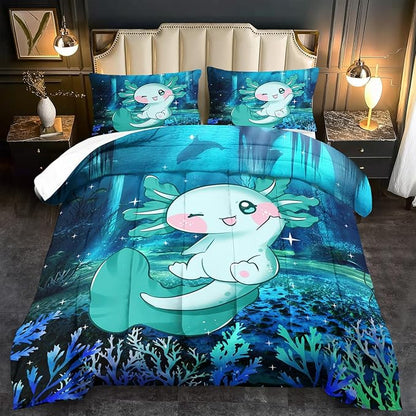 Cute Axolotl Comforter Set Kids Blue Axolotl Bedding Set Boys Girls King Size Kawaii Ocean Animal Print Comforter Boys Girls Ocean Sealife Room Decor Blue Fish Quilt Bedding