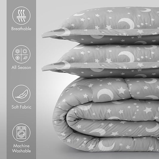 Utopia Bedding Moon Star Kids Comforter Set with 2 Pillow Shams, 3 Piece Soft Microfiber Twin Bed Comforter with Pillow Shams, Printed Kids Bedding for Boys and Girls, Breathable,Easy Care