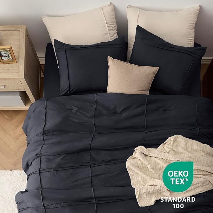 Bedsure Queen Comforter Set with Sheet - 4 Pieces Soft Black Bedding, Grid Pinch Pleat, All Season Lightweight Fluffy Bed Set with Solid Boho Comforter, Pillowcases & Sheet