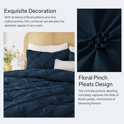 BEDELITE Navy King Size Comforter Set - 3 Pieces Boho Pintuck Bedding Comforter Sets, Lightweight Soft & Warm King Bedding Set with 2 Pillowcases for All Season