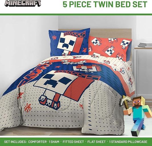 Jay Franco Minecraft Creeper Twin Comforter Set - 5 Piece Bedding Includes Sheet Set & Pillow Covers - Super Soft Red & Blue Oishi Market Kids Bedding