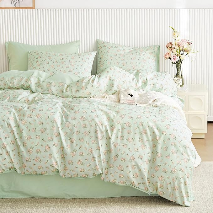 Wake In Cloud - Coquette Duvet Cover Set, Floral Cottagecore Flower Shabby Chic Cute Aesthetic, Soft Lightweight Bedding for Women Teen Girls, 3-Piece, Green Pink, Queen Size