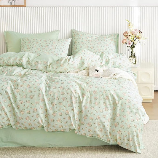 Wake In Cloud - Coquette Duvet Cover Set, Floral Cottagecore Flower Shabby Chic Cute Aesthetic, Soft Lightweight Bedding for Women Teen Girls, 3-Piece, Green Pink, Queen Size