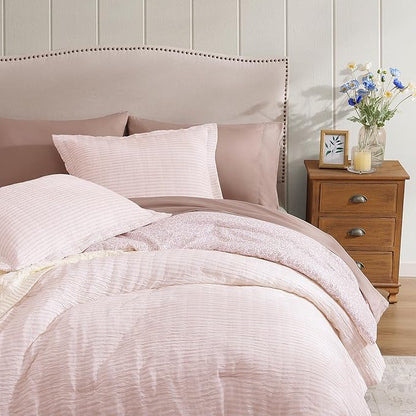 Full Comforter Set - 7 Pieces Pink Gauze Muslin Bedding Sets for All Seasons, Lightweight Breathable Bed in a Bag Full with Revesible Farmhouse Comforter, Sheets, Pillowcases & Sham
