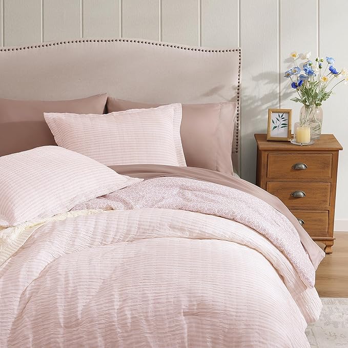 Queen Comforter Set - 7 Pieces Pink Gauze Muslin Bedding Sets for All Seasons, Lightweight Breathable Bed in a Bag Queen with Revesible Farmhouse Comforter, Sheets, Pillowcases & Shams