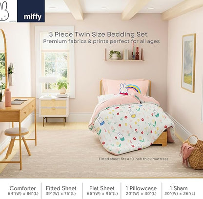 Miffy Bedding Set, Twin Size 5-Piece Super Soft Fluffy Reversible Comforter & Sheet Set with Sham, (100% Officially Licensed Product) By Franco Collectibles