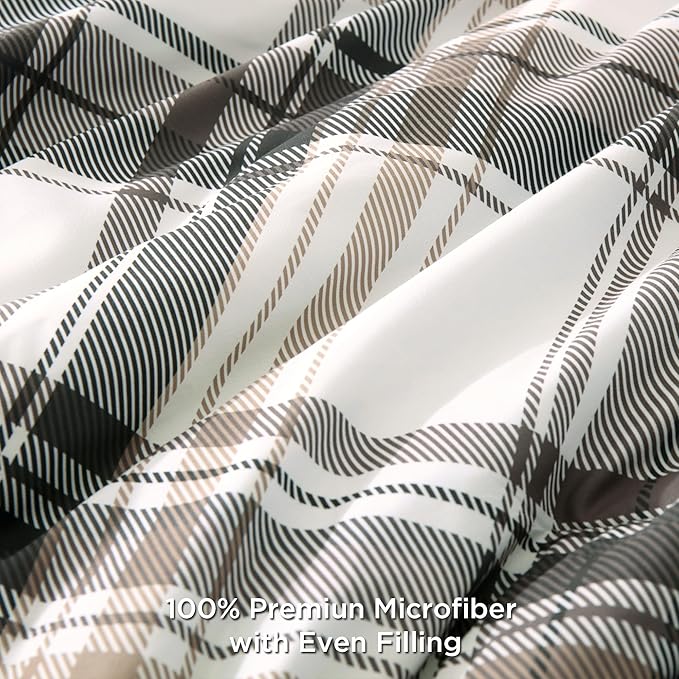 Andency Gray Brown Black Plaid Comforter Set Twin(66x90 Inch), 2 Pieces Grid Gingham Stripes Bedding Comforter Sets for Boys Girls Kids Teens, Preppy Geometric Line Soft Lightweight Reversible Bed Set
