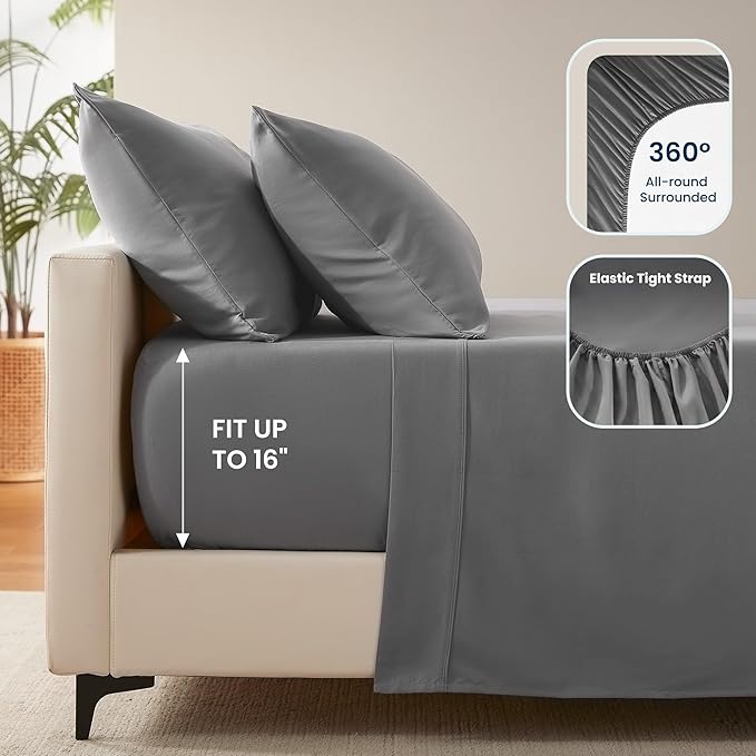 SLEEP ZONE Nanotex Super Soft Cooling Full Size Bed Sheets Set 4 Piece - Easy Care Fitted Flat Sheet & Pillowcase Sets - Wrinkle Free, Fade Resistant, Deep Pocket 16" (Gull Gray, Full)