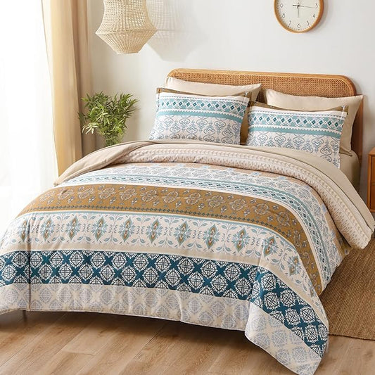 WONGS BEDDING Boho Comforter Set King, 7 Pieces Beige Striped Bed in a Bag Comforter and Sheet Set, Bohemian Floral Striped Comforte Bedding Set,Soft Microfiber Complete Set for All Seasons 104" x 90"