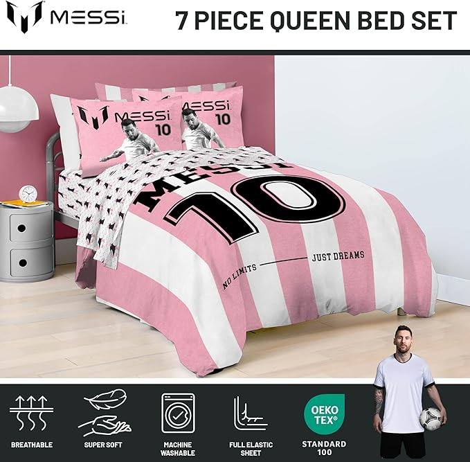 Jay Franco Kids Comforter Set Includes Sheets and Pillow Covers - Soft and Cozy Bed Set for Stylish Room Decor, Official Licensed Bedding, Pink - Messi, 7 Piece Queen